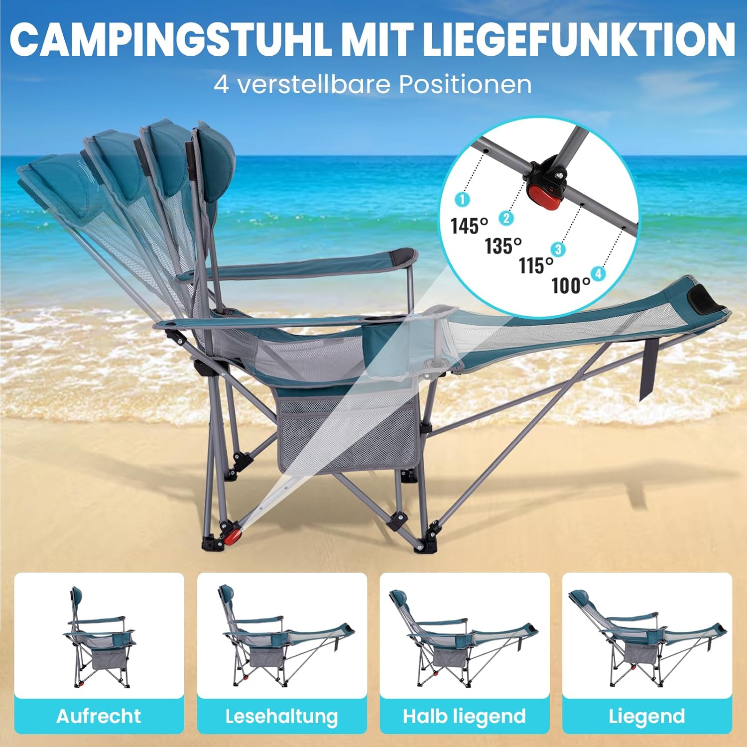 Detalle de #WEJOY 2-in-1 Campingstuhl Faltbar 180 kg mit Fußstütze – 4-Positionen, Getränkehalter, kompakt & langlebig (Cyan/Grau)