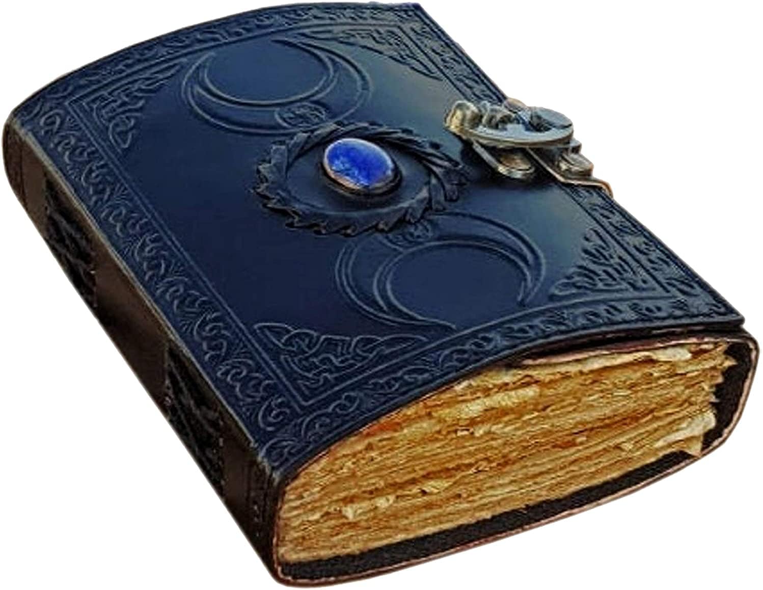 Detalle de ALCRAFT vintage leren dagboek met lapis lazuli, drievoudige maan en 200 pagina's