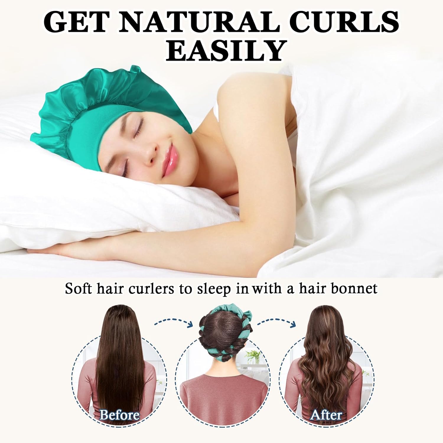 Detalle de Gwabee No Heat Overnight Curl Headband (70" Soft Ribbon Wrap) — 9-Piece Curling Rods Set, Blue Green