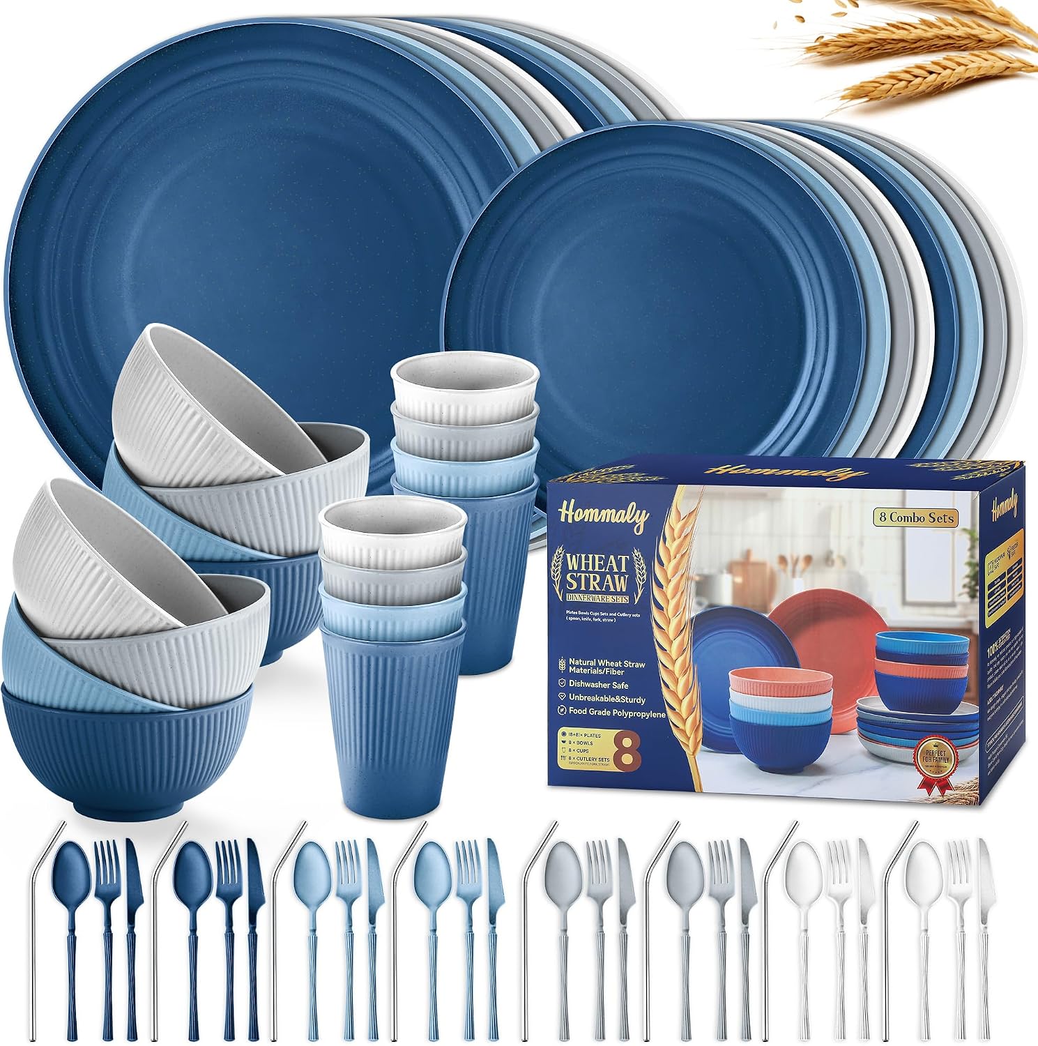 Wheat Straw Dinnerware Sets, 64-Piece Unbreakable BPA-Free Plastic Kitchen Set for 8