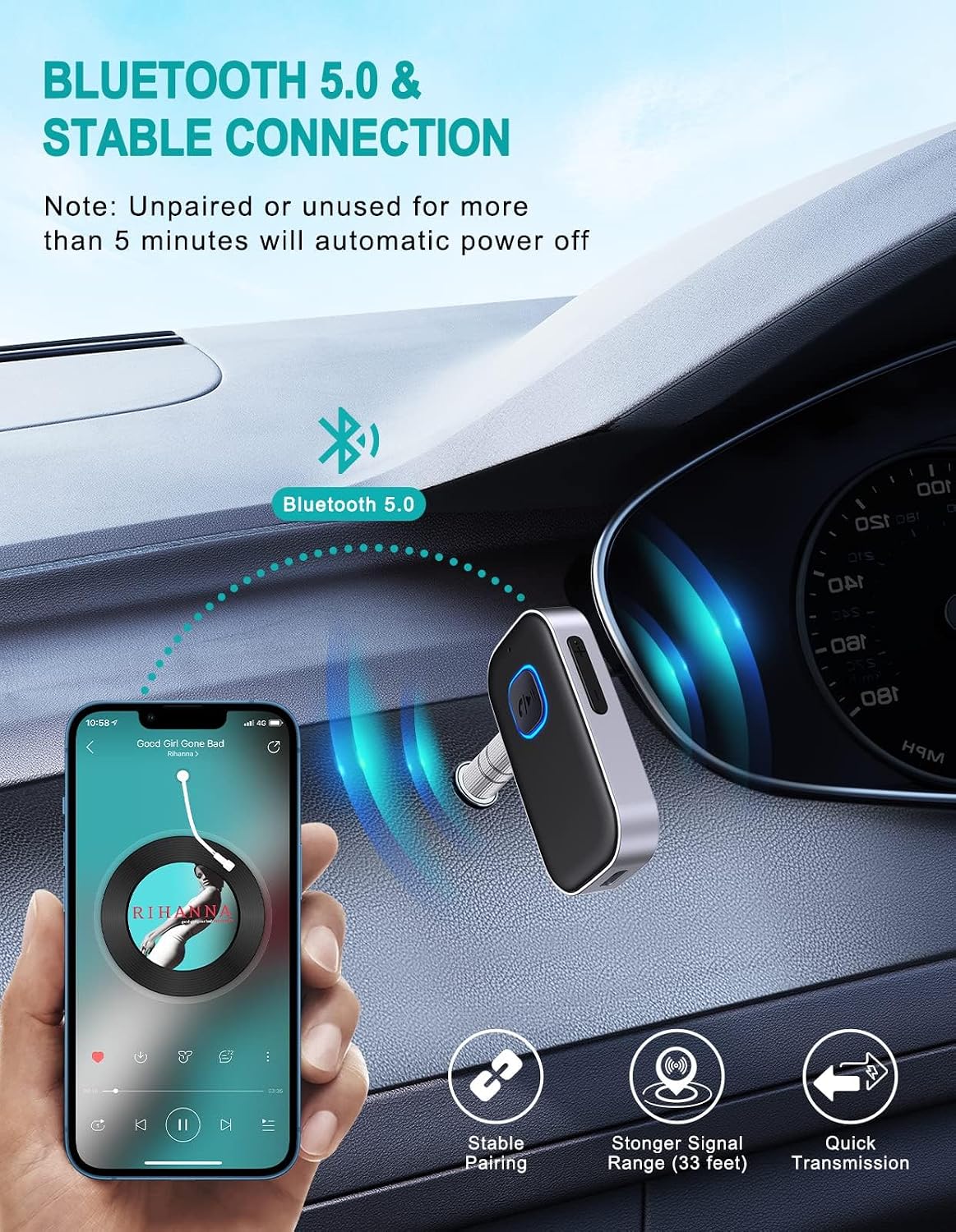 Detalle de WOCBUY Bluetooth car adapter with 3.5 mm AUX
