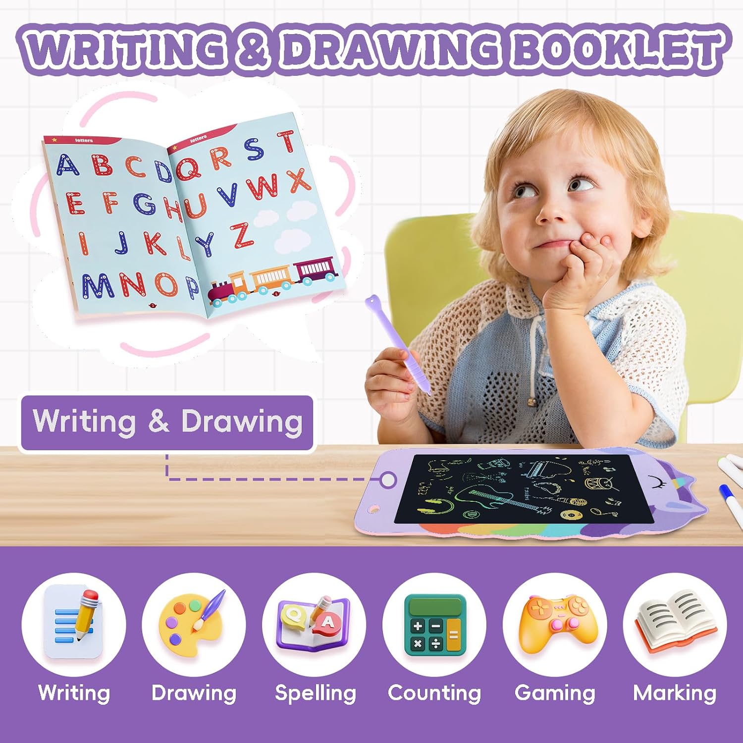 Detalle de Decute KM806 LCD Writing Tablet, 8.5-Inch Purple Unicorn Doodle Board