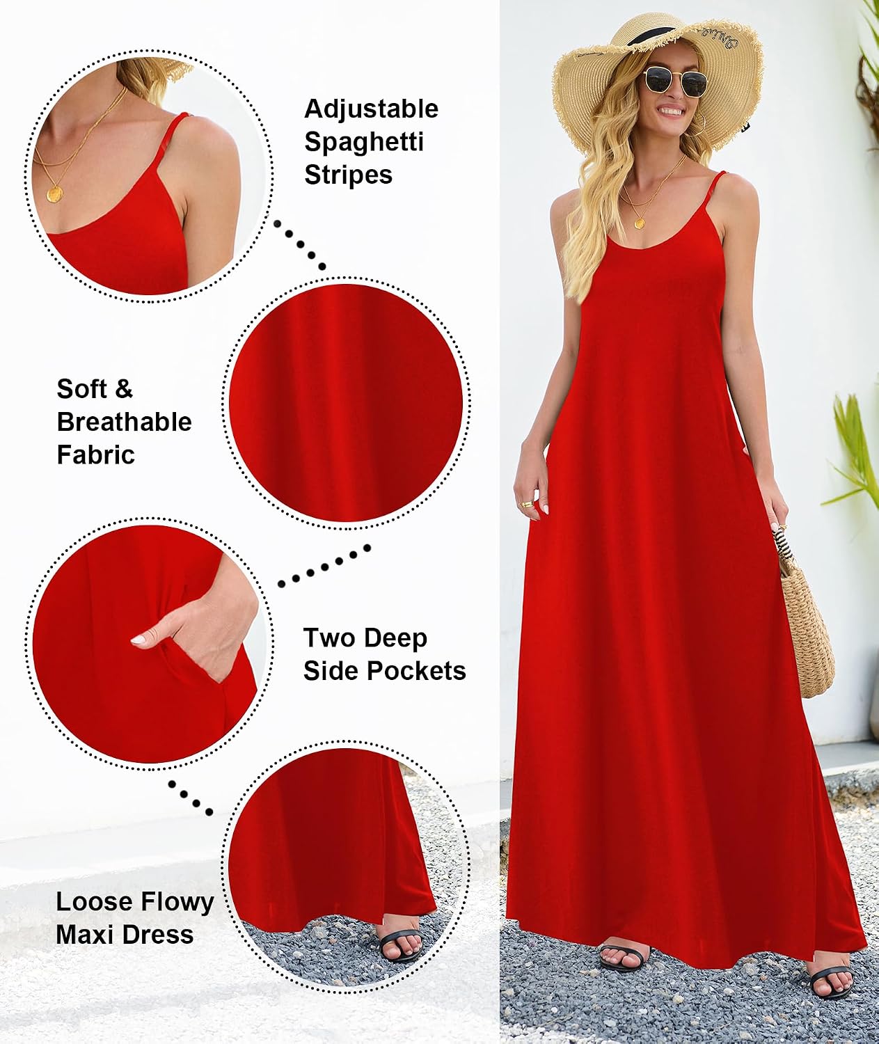 Detalle de Wolddress Women’s Maxi Dress with Pockets (2026) – Adjustable Thin Straps, Plus Size Loose Fit