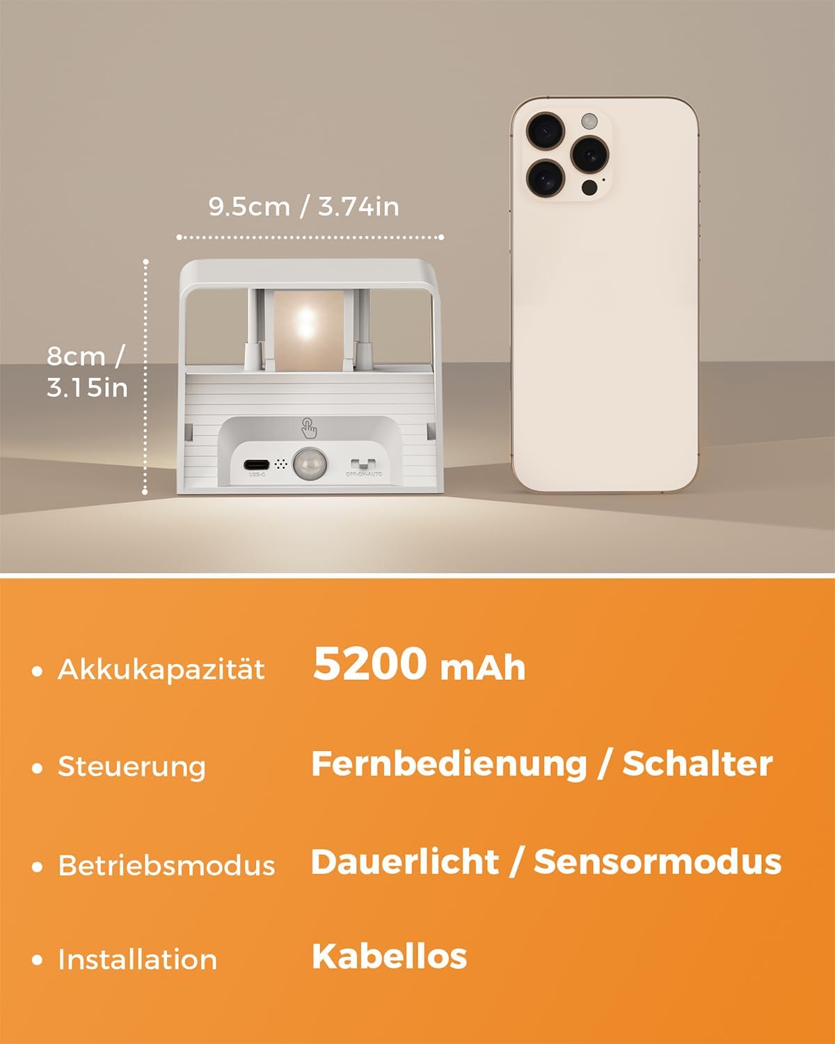 Detalle de VIWAVE Akku-Wandleuchte 5200 mAh mit Bewegungsmelder