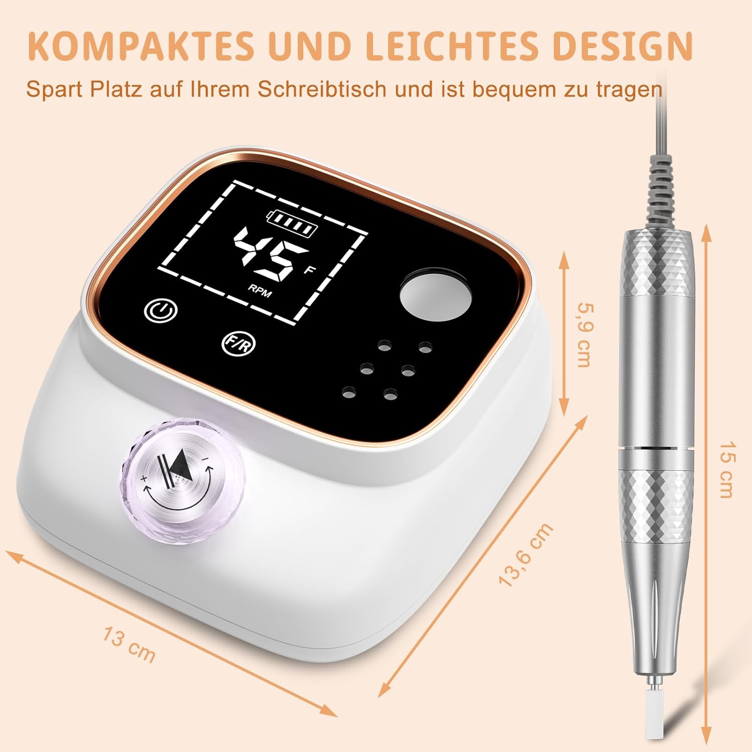 Detalle de Professionelle elektrische Nagelfeile mit LCD-Display (45.000 U/min) & Bit-Lock-Design – Set für Gel- und Acrylnägel