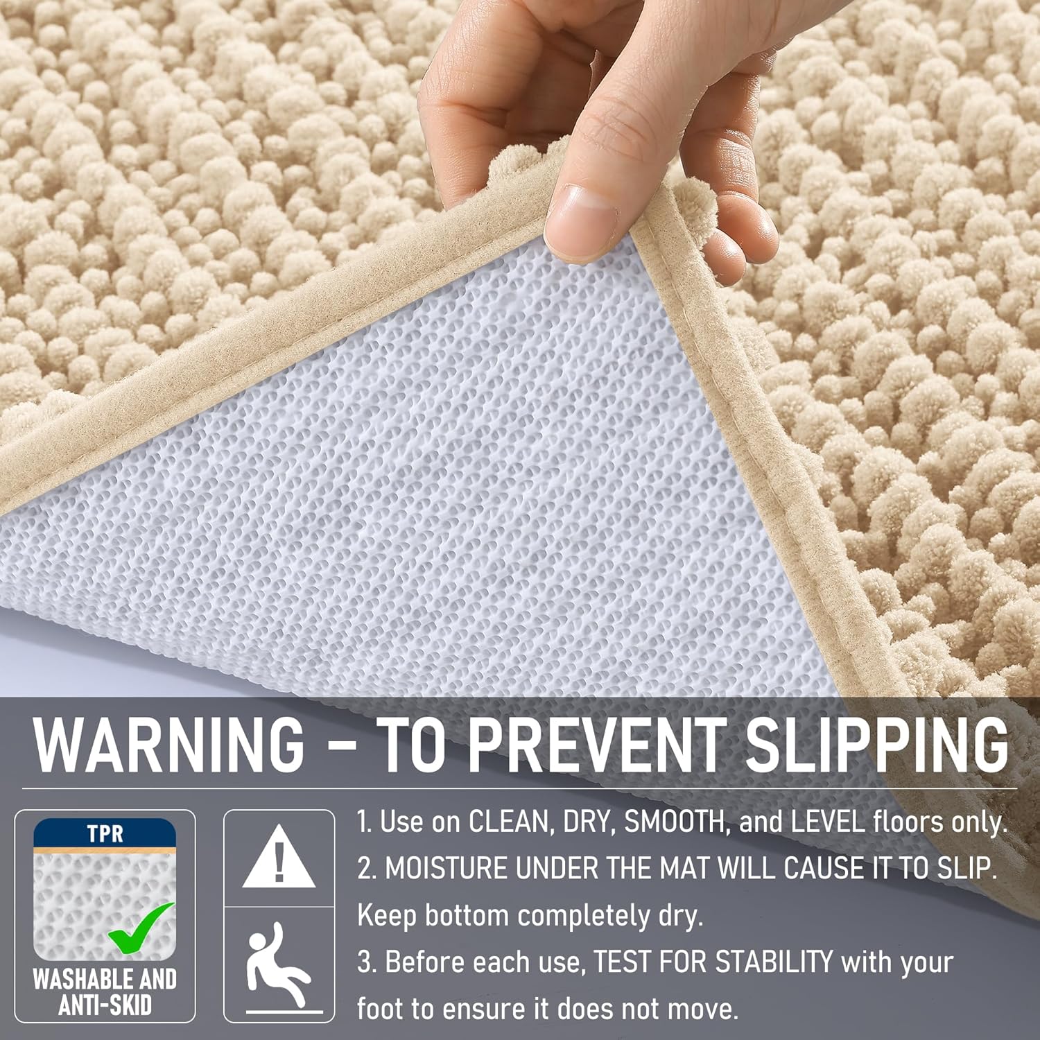 Thumbnail 5 de OLANLY Long Bathroom Rugs Runner (47x20) Chenille Bath Mat in Beige