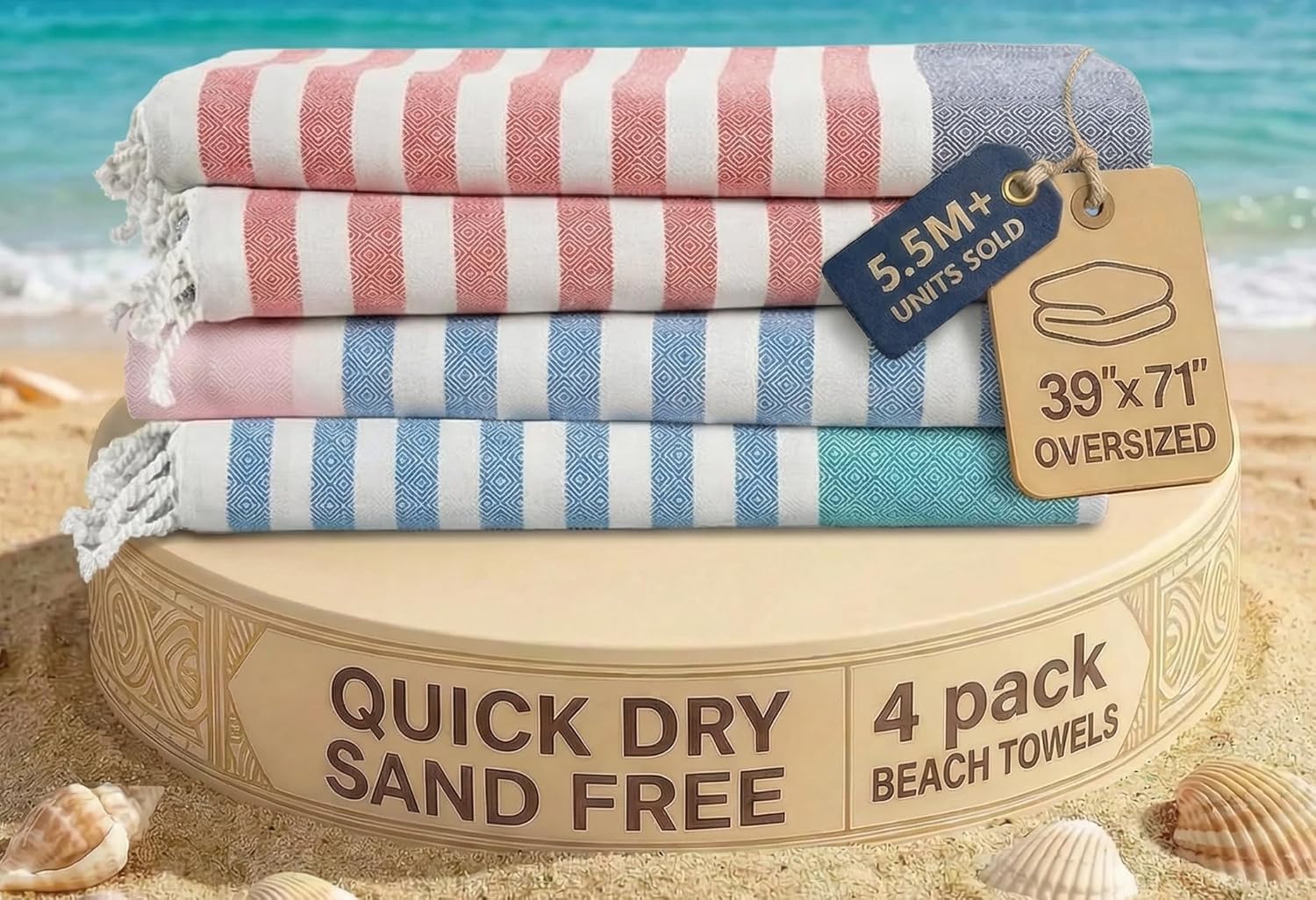 Detalle de Lane Linen 4 Pack Cotton Rich Beach Towels – Oversized, Pre-Washed & Sand-Free