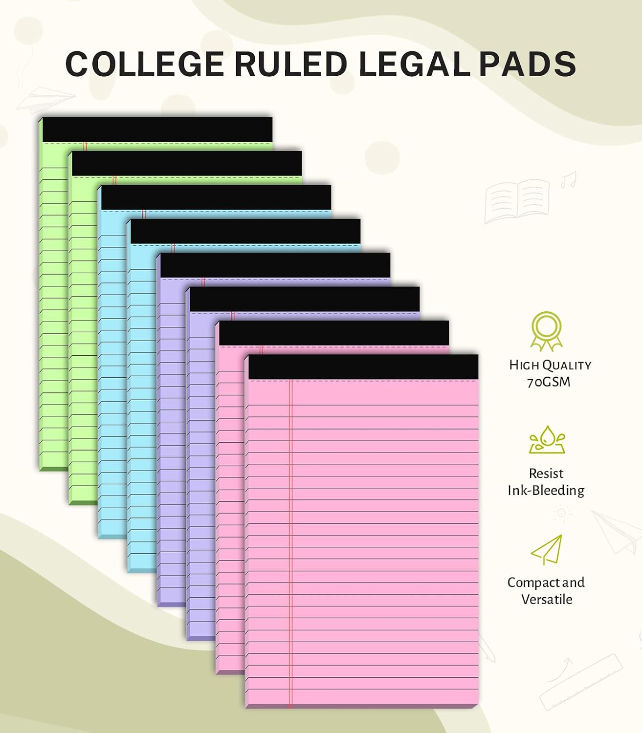 Detalle de PINJINGPRO Colored-5x8-30-24PCS-BGPP 5 x 8-Inch Multicolor Legal Pads, 24-Pack