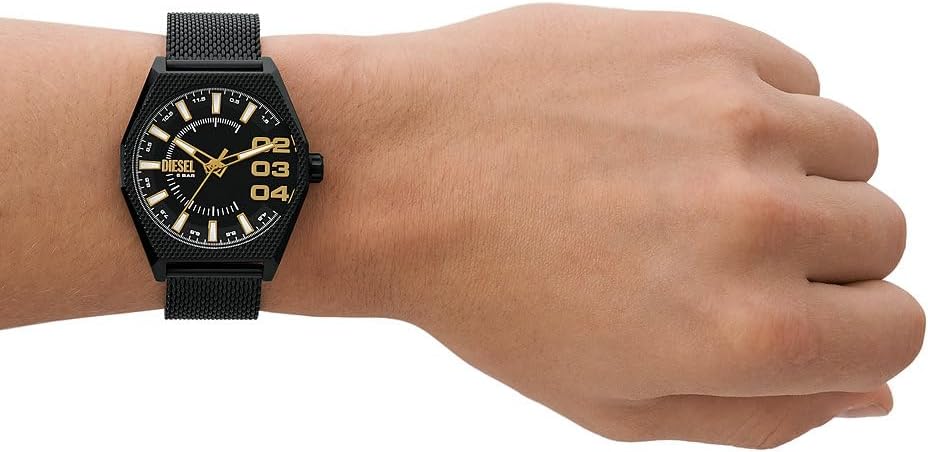 Detalle de Diesel Montre Scraper pour Homme – Quartz, 3 aiguilles + date, boîtier 43 mm, bracelet acier noir ou cuir