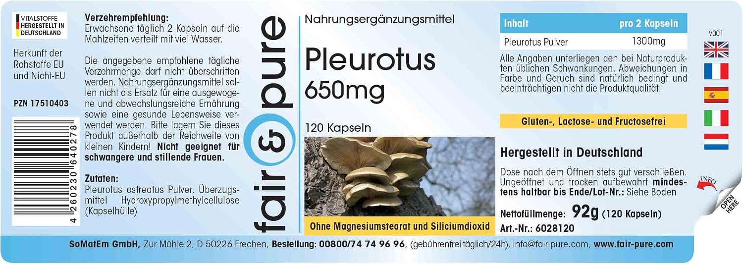 Detalle de Fair & Pure Pleurotus 650mg – Vegane Austernpilz-Kapseln, 120 Stück, in Deutschland hergestellt