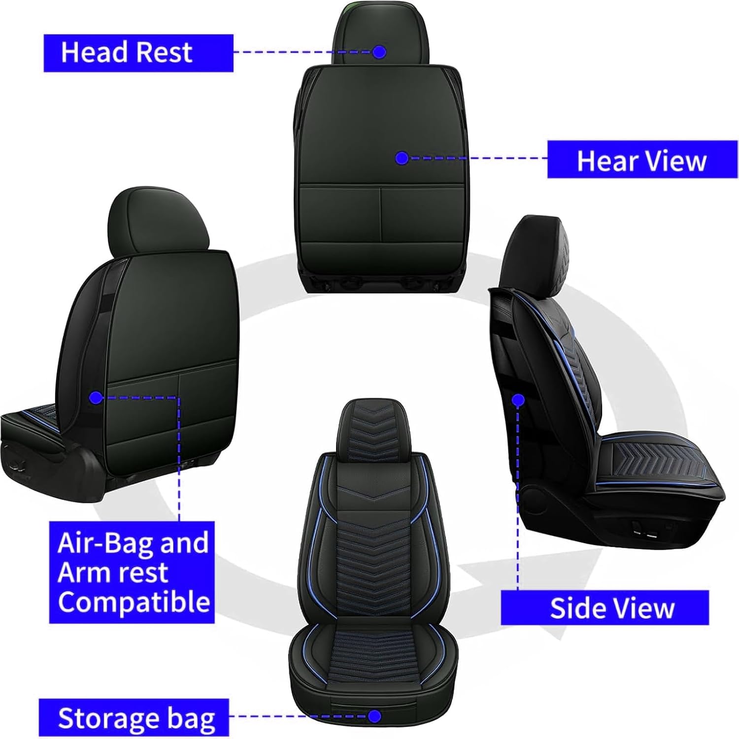 Thumbnail 5 de HChengkikz Universal Car Seat Covers (5-Piece Set) — Breathable, Waterproof Faux Leather, Airbag-Compatible, Black + Blue