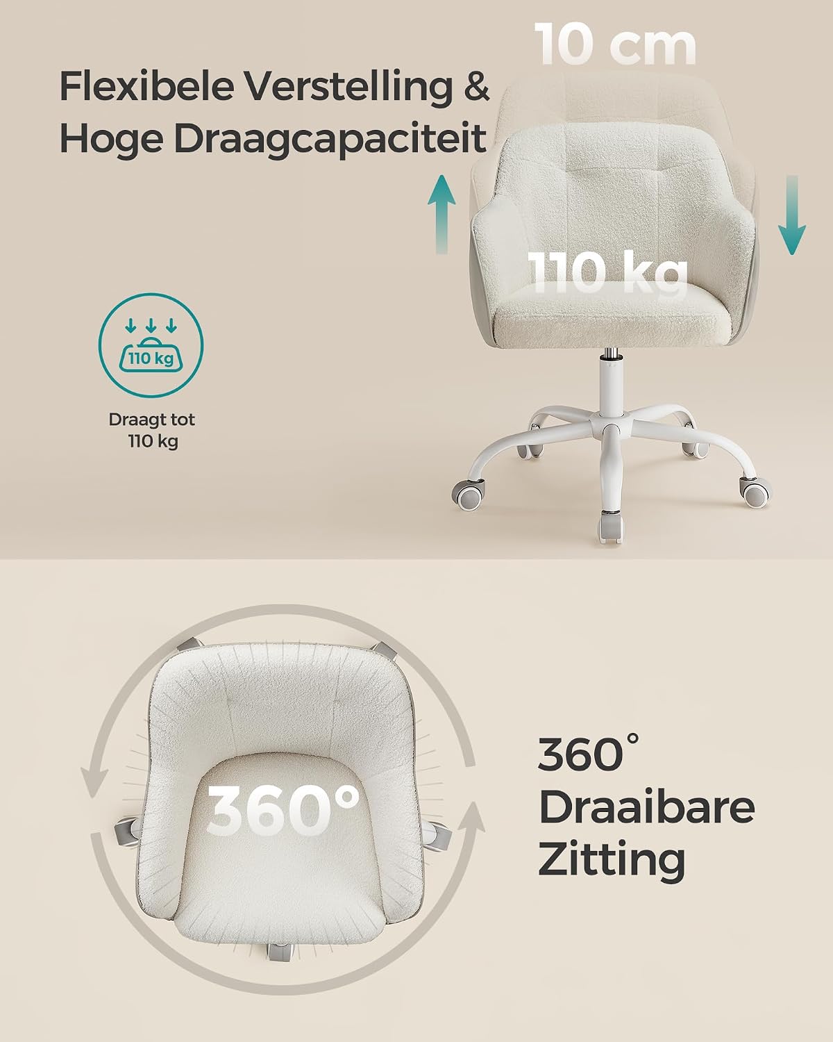 Detalle 2 de SONGMICS TYRA OBG019W01 bureaustoel met teddyfleece, PU en verstelbare zithoogte