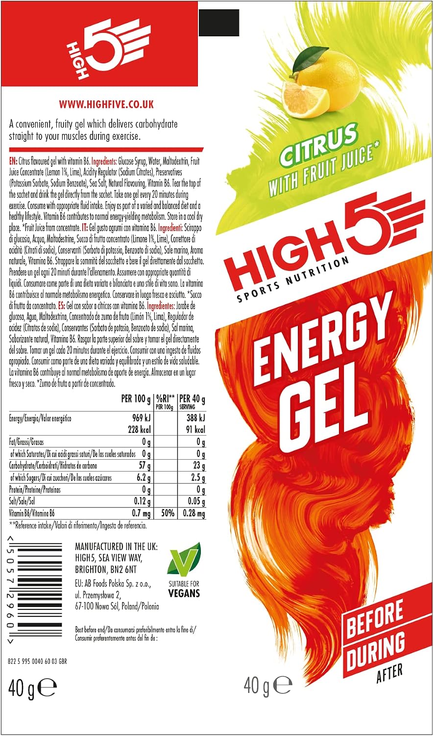 Detalle 2 de HIGH5 Running Gels Citrus (caffeine-free) – 23g carbs energy gel, 20 x 40g sachets