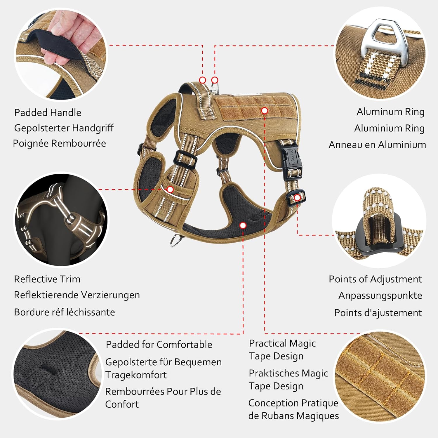 Detalle de HEELE Dog Harness, Tactical Harness with Molle Panel for Small to Large Dogs (No Pull, Adjustable, Padded and Reflective) – Brown, M