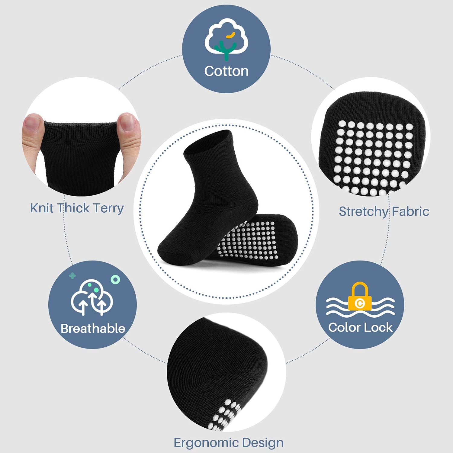 Detalle de JAKIDAR 12-Pack Baby and Toddler Cotton Crew Socks with Non-Slip Grips