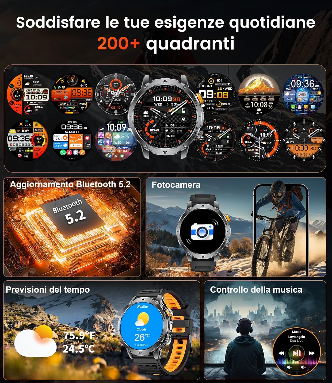Thumbnail 6 de SUNKTA Orologio intelligente militare da uomo con batteria 1.000 mAh, display 1,7”, Bluetooth, chiamate e monitoraggio salute