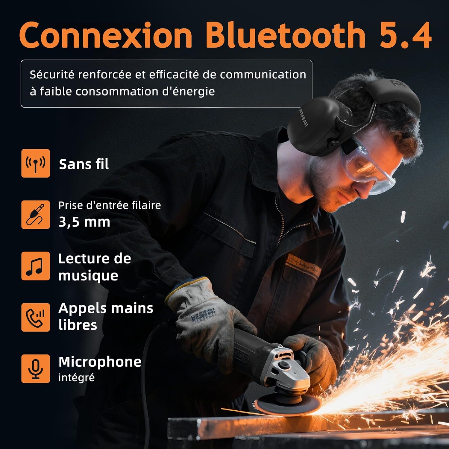 Detalle 2 de Casque anti-bruit PROHEAR 037 Bluetooth 5.4 rechargeable (SNR 30 dB) avec sac de transport – Noir