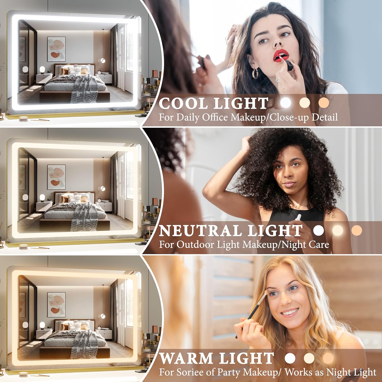 Thumbnail 1 de FENNIO Vanity Mirror with Lights 32"x22" — Lighted Makeup Mirror with 3-Color Lighting, Touch Sensor & USB Charging (Gold)