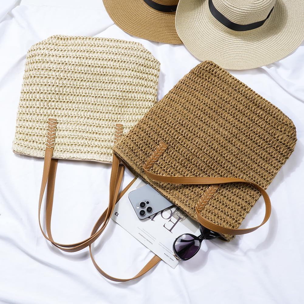Detalle de Aucuu Sac à bandoulière en paille pour femme – grand sac de plage polyvalent