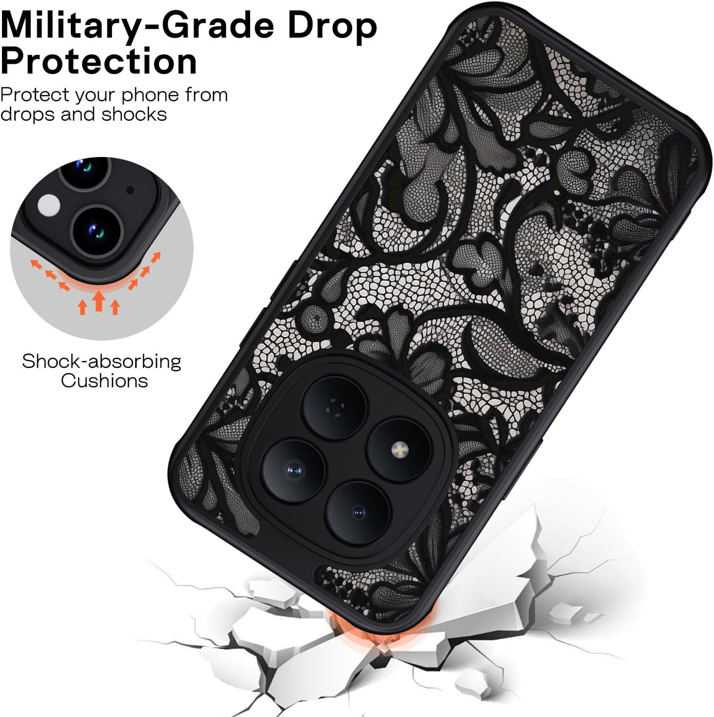 Thumbnail 3 de Coque XTCASE pour Xiaomi Redmi Note 15 Pro Plus 5G – Motif vintage en dentelle noire, dos PC dur + bumper TPU