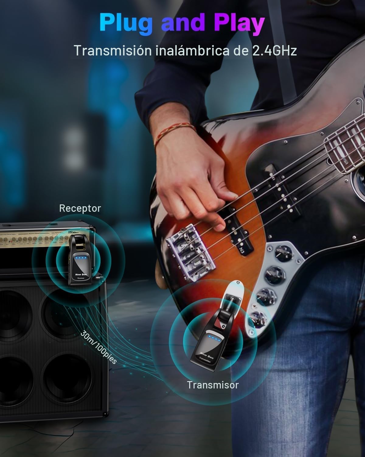 Thumbnail 1 de New Bee 2.4GHz Sistema Inalámbrico de Guitarra con 6 Canales — Transmisor y Receptor Recargables