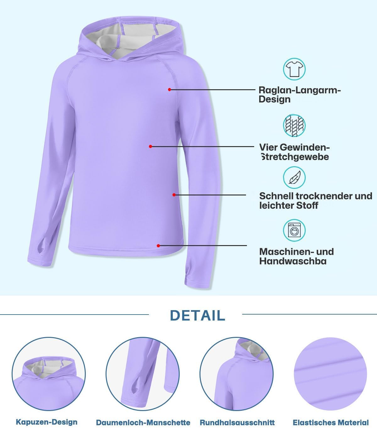 Thumbnail 6 de BesserBay Unisex Kinder UV Shirt Langarm mit Kapuze – UPF50+ Rashguard für Wasseraktivitäten (Größen 120–160)