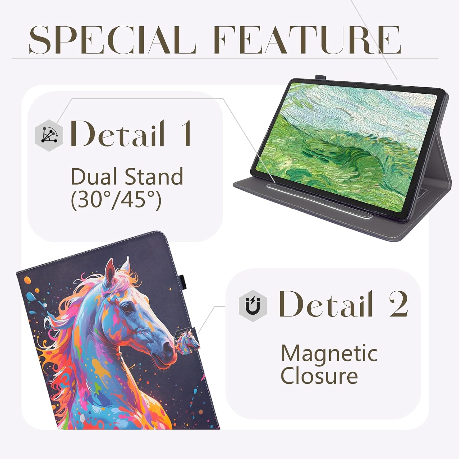 Thumbnail 1 de Bemoloon PU Tab Hülle für Samsung Galaxy Tab A 10.1 (2019) mit Ständer, Magnetverschluss & Kartenfach – farbiges Pferd