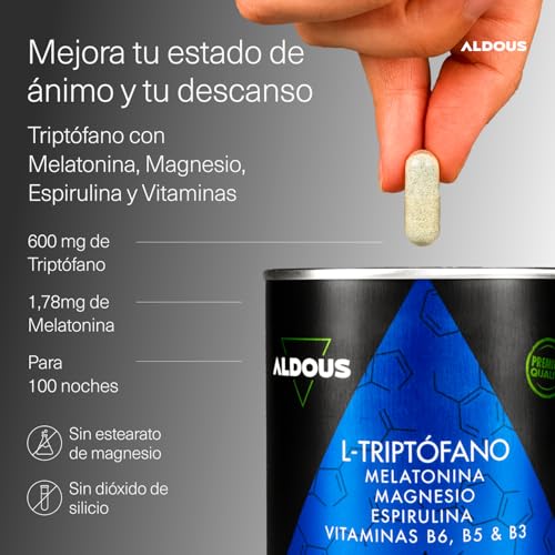 Detalle 2 de Aldous Bio 200 Cápsulas: Triptófano con Melatonina, Magnesio y Vitaminas + Espirulina para Sueño y Descanso