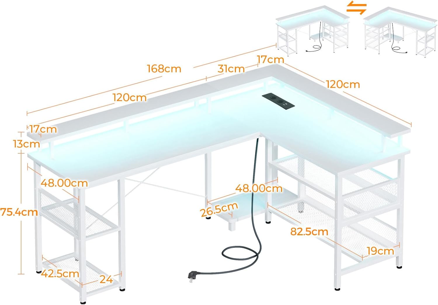 Thumbnail 2 de ODK Gaming Tisch mit LED – 168×120 cm, reversibel, 2 Steckdosen & 2 USB-Ladeanschlüsse