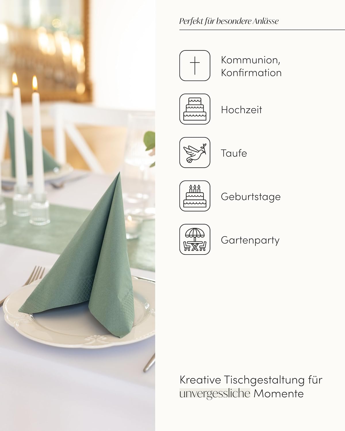 Thumbnail 1 de 100%Mosel Tischdeko-Set Eukalyptus Grün (25–50 Gäste) – Tischläufer & Tissue-Servietten für Taufe, Hochzeit & Co.