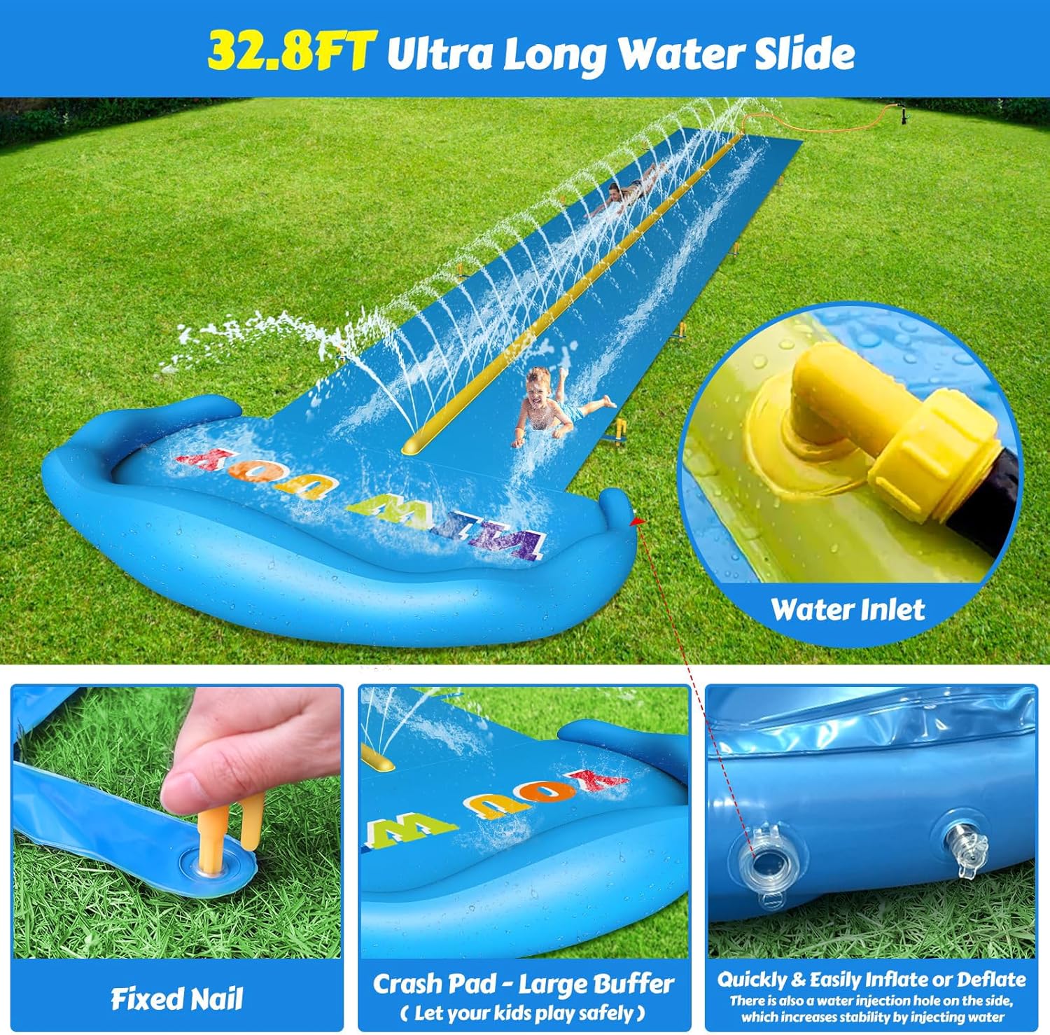 Detalle de Evoio Water Slide 32.8ft Inflatable Splash Slide with 2 Racing Lanes