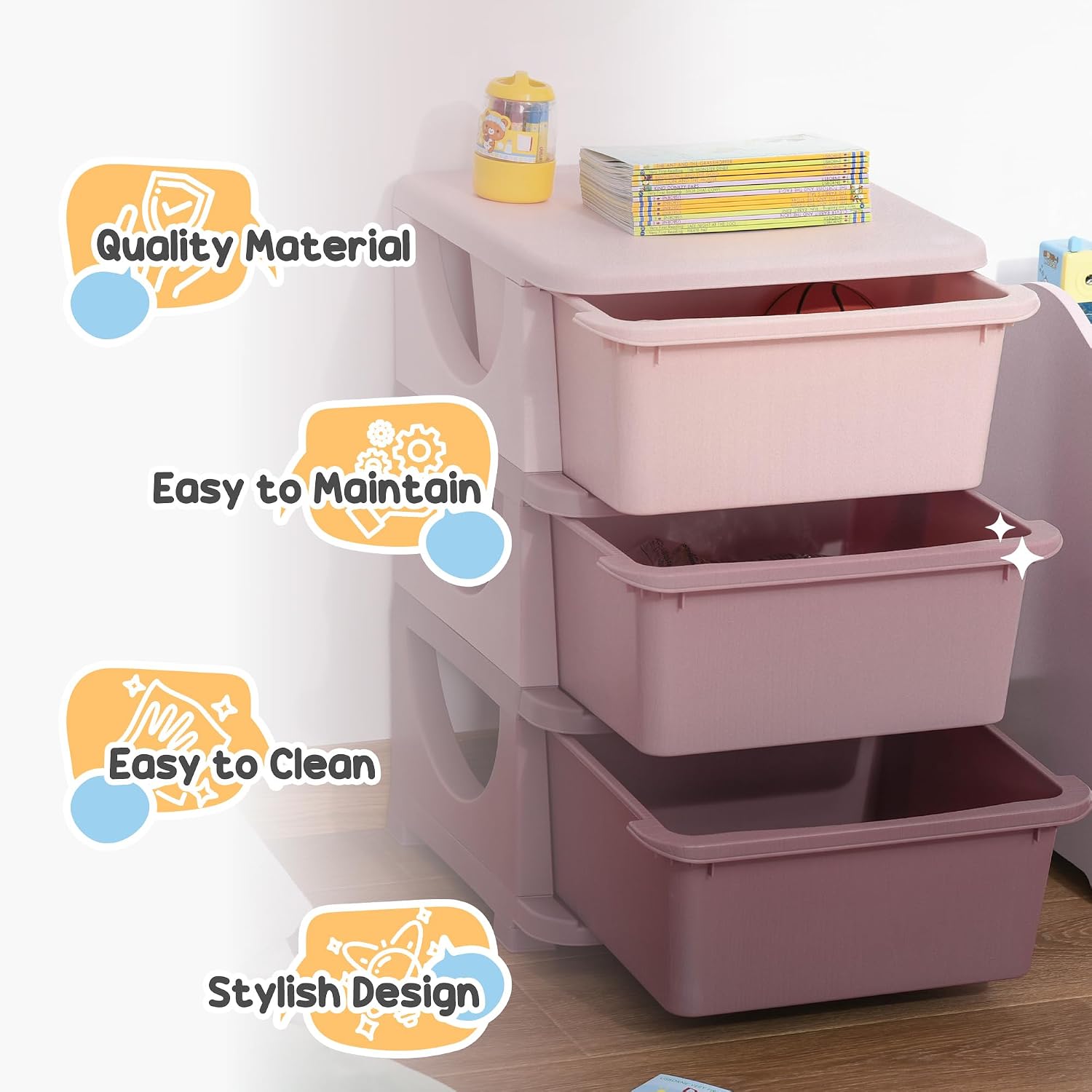 Thumbnail 6 de Qaba 3-Drawer Kids Storage Organizer, 3-Tier Pink Toy Chest