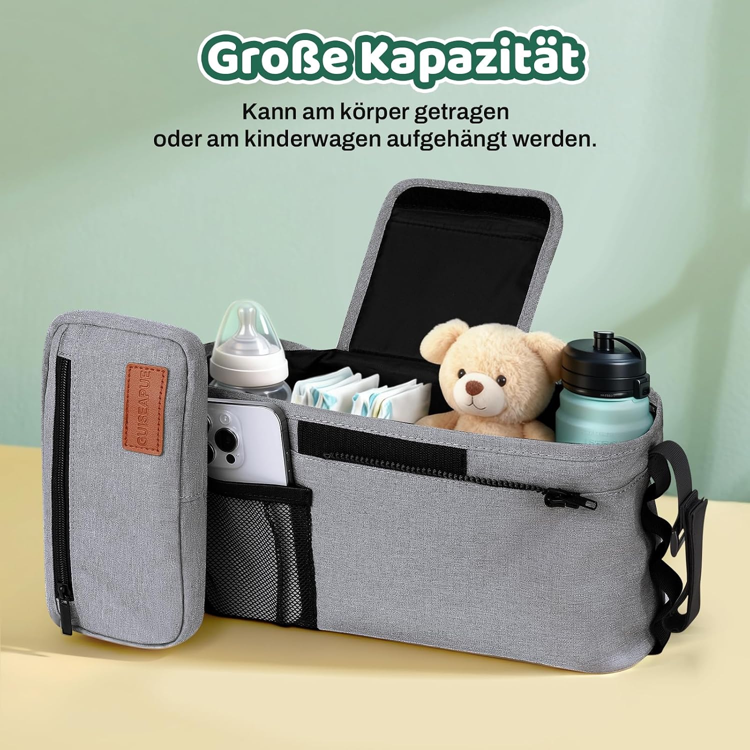 Detalle de Guiseapue Universal Kinderwagen-Organizer – Getränkehalter, Becherhalter und großzügige Aufbewahrung für unterwegs