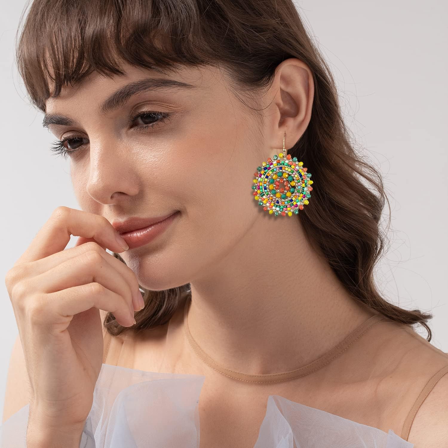 Detalle de Elegance 11 designs Perlenohrringe für Damen – baumelnd, Glasperlen & Kristalle, Boho-Statement (5 cm)