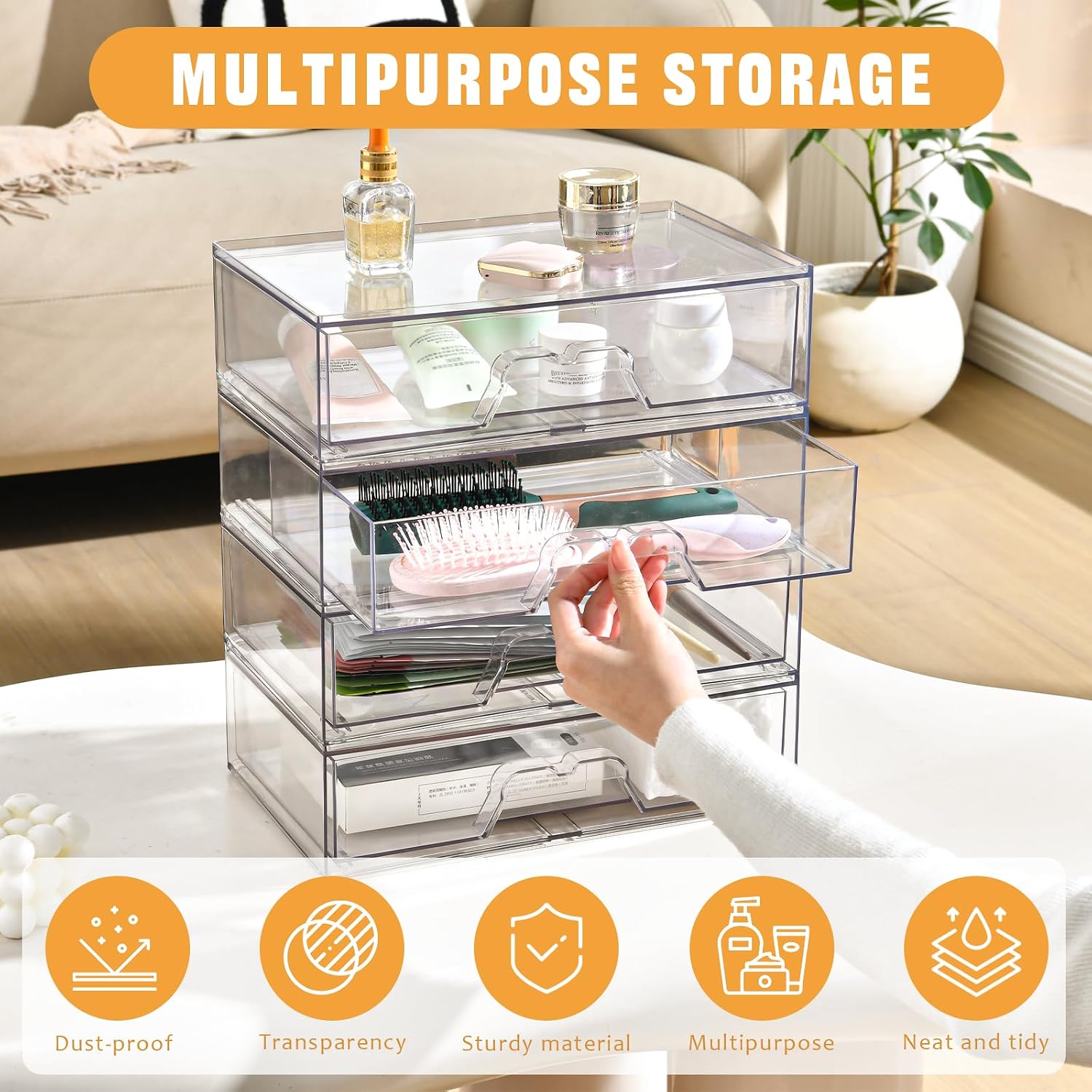 Detalle de Stebopum 3Pack Stackable Plastic Storage Drawers – Clear Acrylic Makeup Organiser
