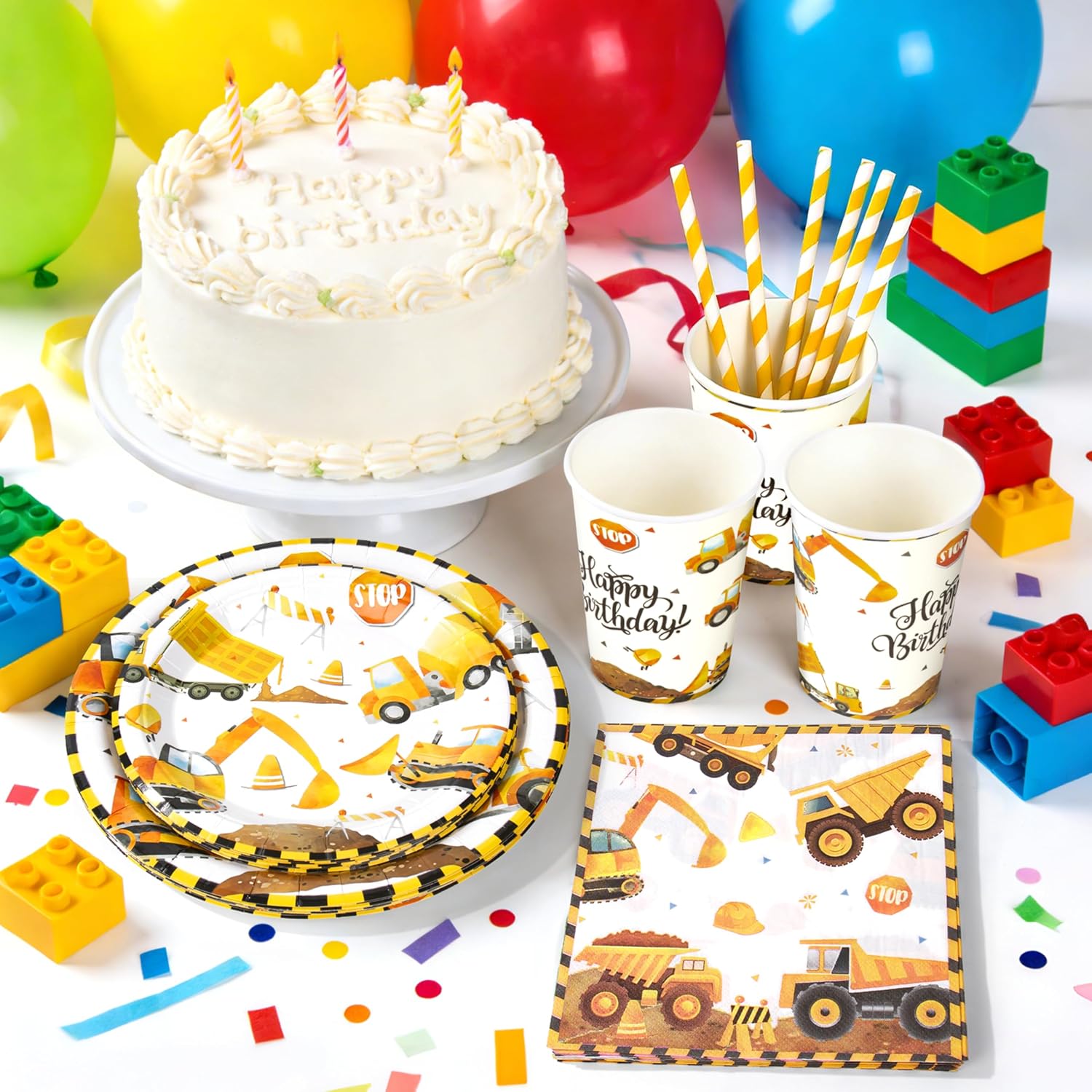 Detalle de BuyCard Baustellen Partyzubehör Set – 60-teiliges Baubau-Feeling für Kinderfeste