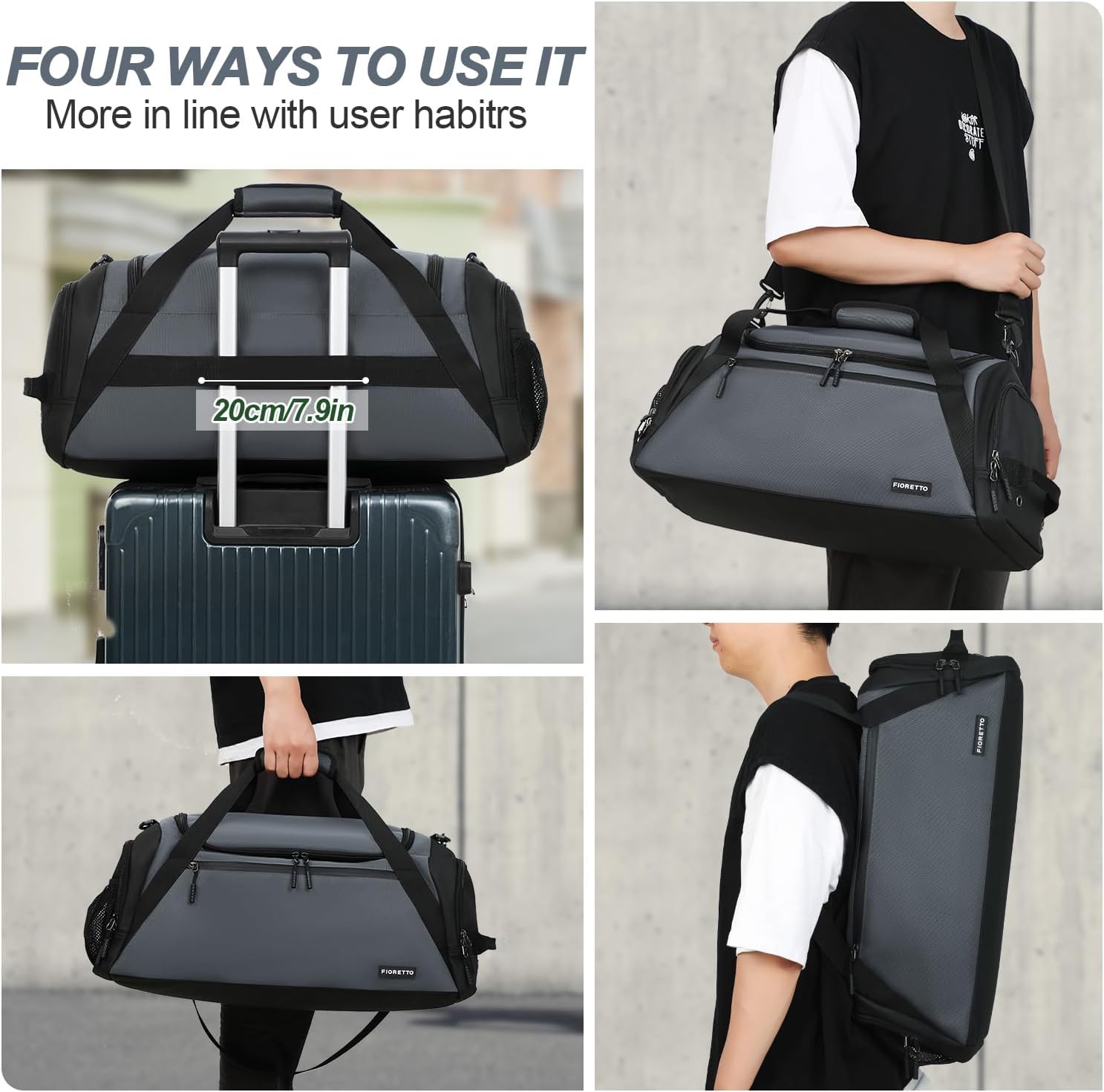 Detalle de FIORETTO Mens Sports Gym Bag with Wet Pocket & Shoe Compartment