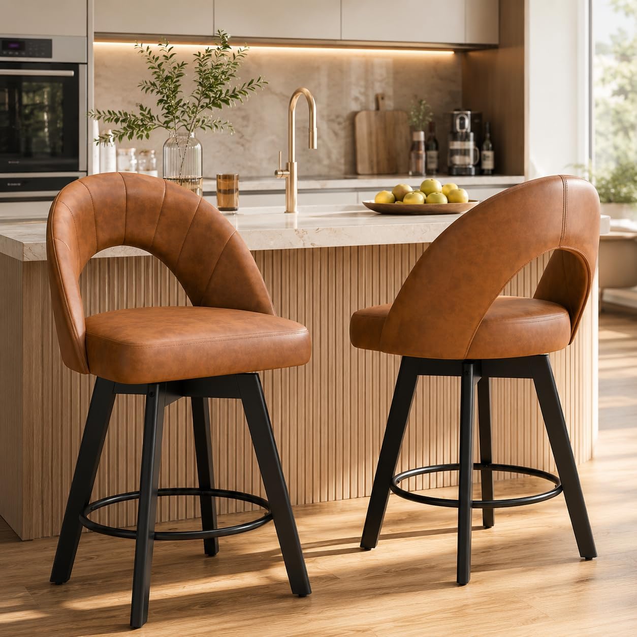 Detalle de YaFiti SJDO_847 Counter-Height Swivel Bar Stools, Set of 2, Light Tan Faux Leather