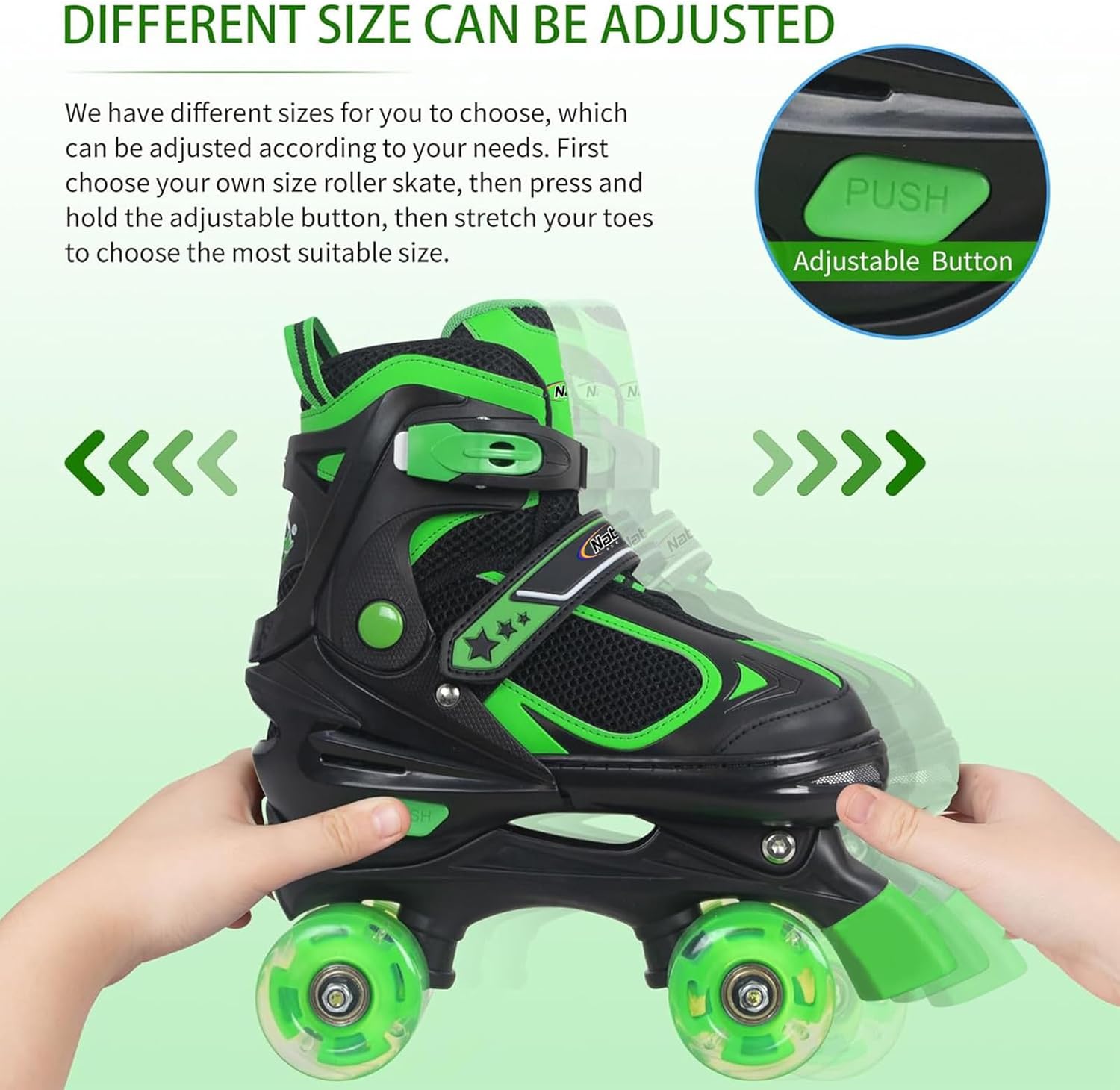 Detalle de Nattork Kids Adjustable Quad Roller Skates with Light-Up Wheels