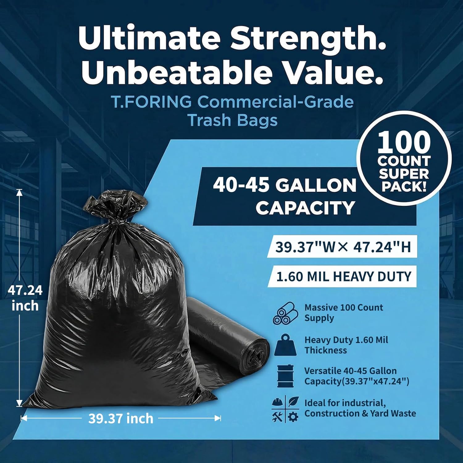Thumbnail 2 de T.FORING Large 40–45 Gallon Heavy-Duty Trash Bags (1.6 Mil) — 100 Count, Unscented Black Can Liners