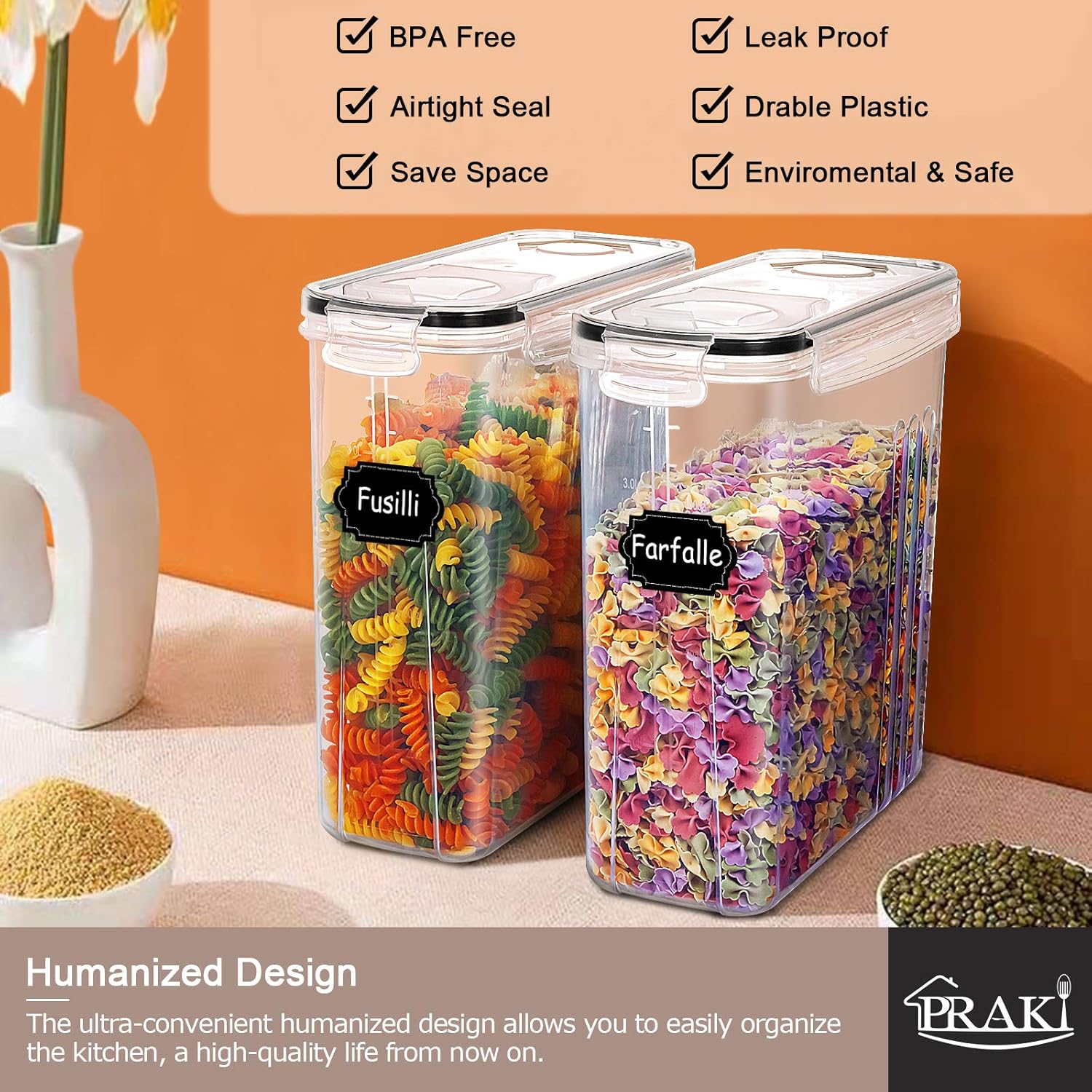 Thumbnail 2 de PRAKI 5PCS Cereal Containers Storage Set with Lids, 4L BPA-Free Airtight Food Storage for Pantry Organization