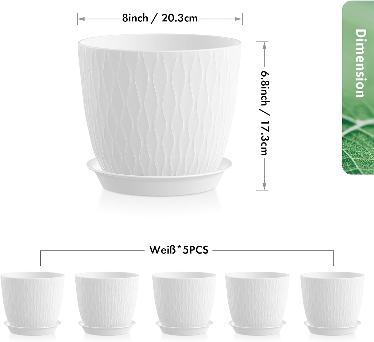 Detalle de Homeuouz 5er-Set Blumentöpfe mit Bewässerungssystem, 20,3 cm – Weiß
