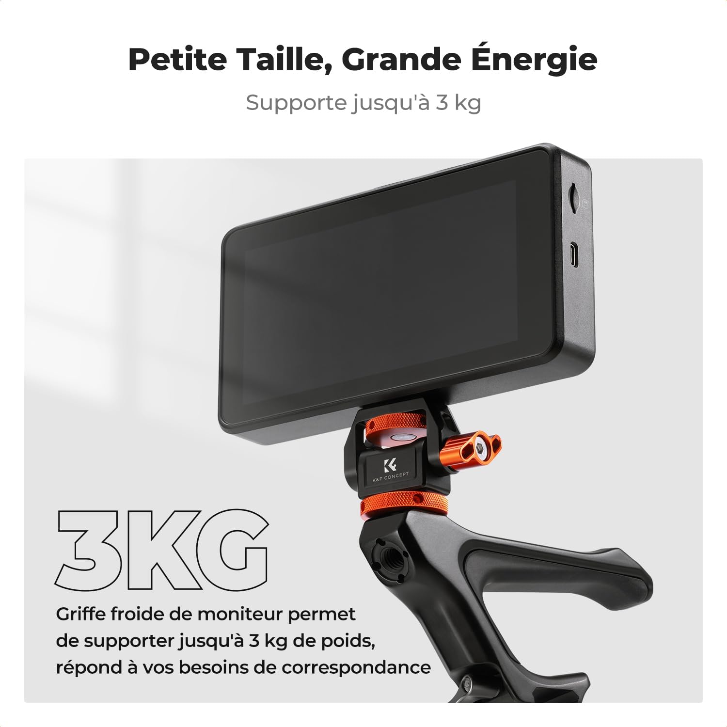 Detalle de K&F CONCEPT Support de moniteur aluminium pour cage caméra (1/4” & Cold Shoe ARRI), inclinable 180° et rotatif 360°