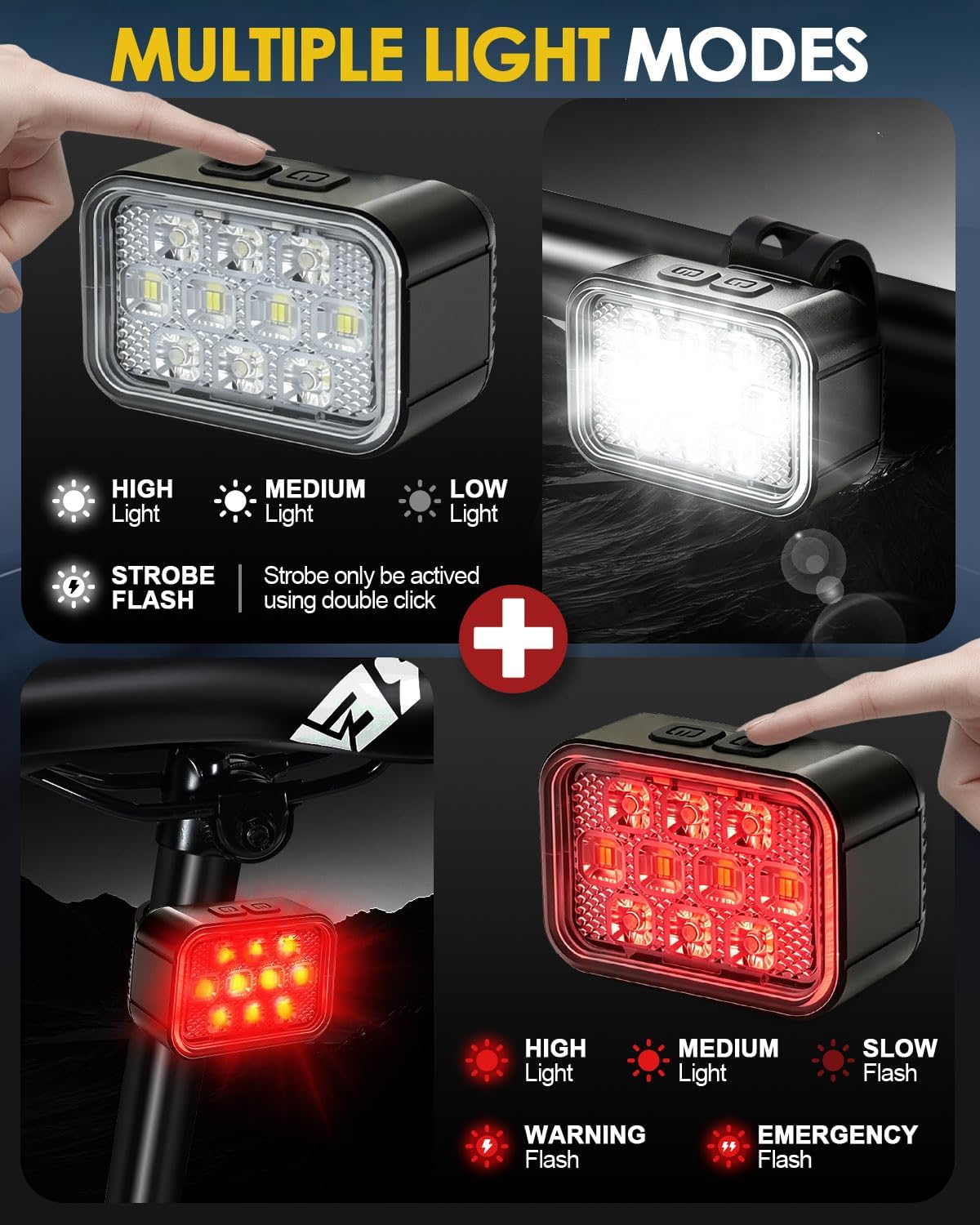 Detalle de Victoper 10 LED Black Bike Light Set, 500 Lumens, USB Rechargeable