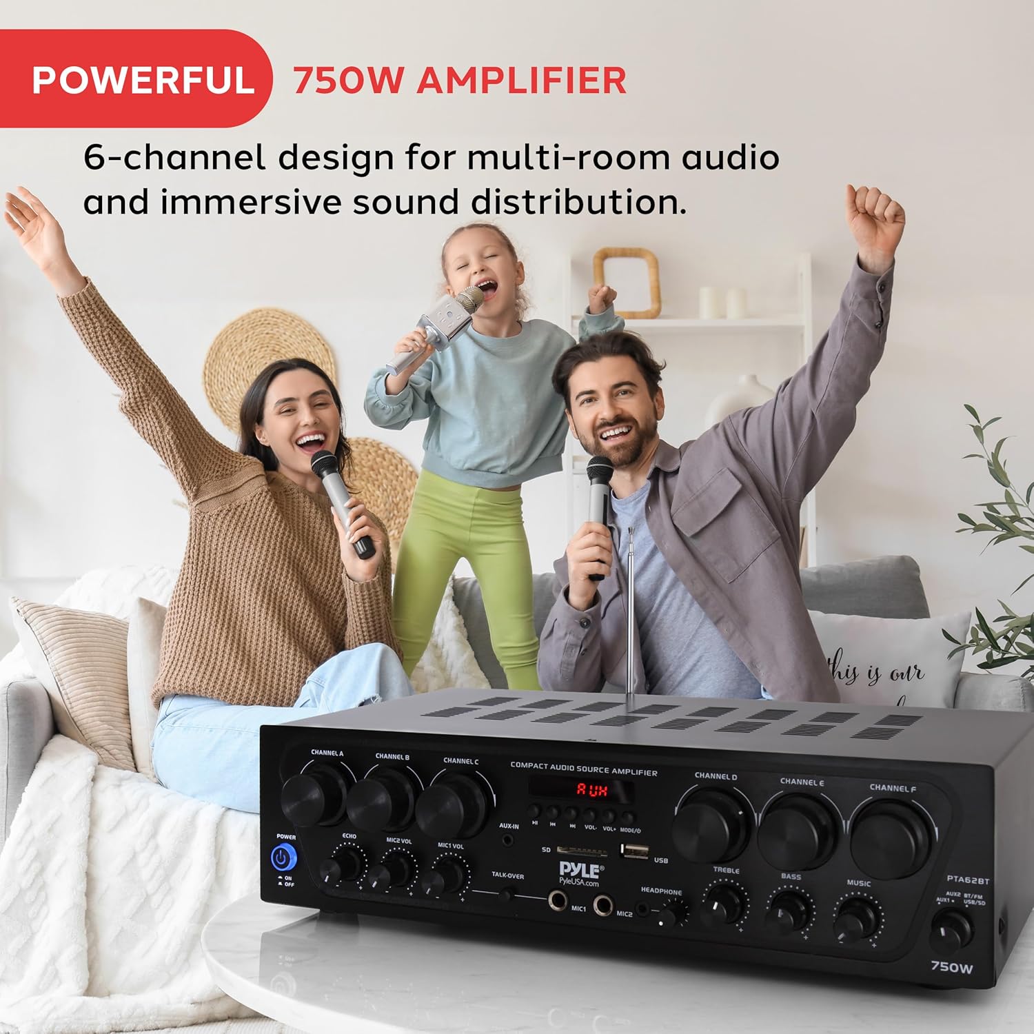Thumbnail 1 de Pyle Wireless Bluetooth Karaoke Amplifier — 6 Channel 750W Power with Echo, Talk-Over and Subwoofer Output