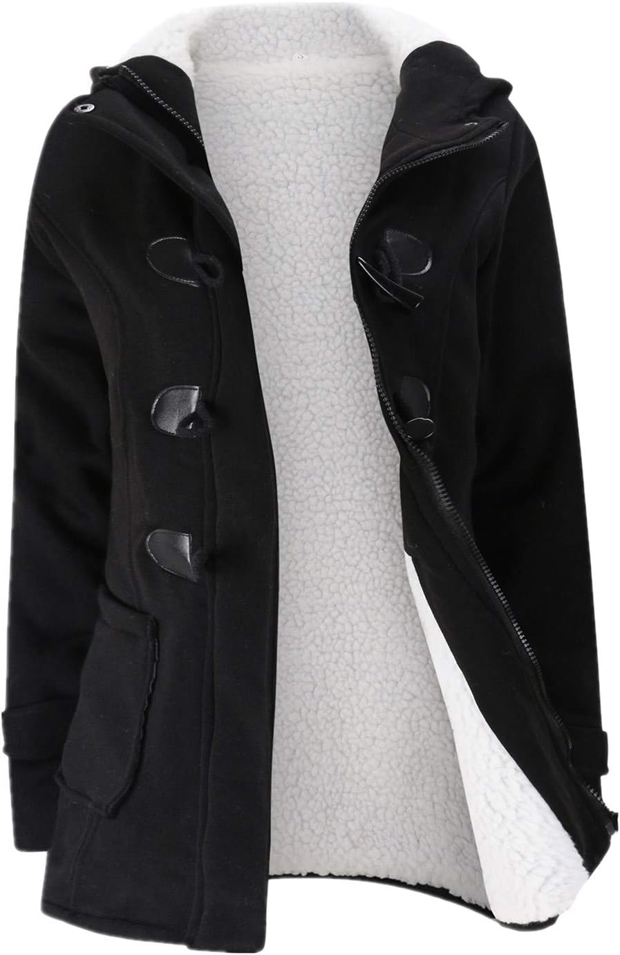 Detalle de JiangWu WB-010 Women's Hooded Fleece Coat with Horn Buttons and Pockets