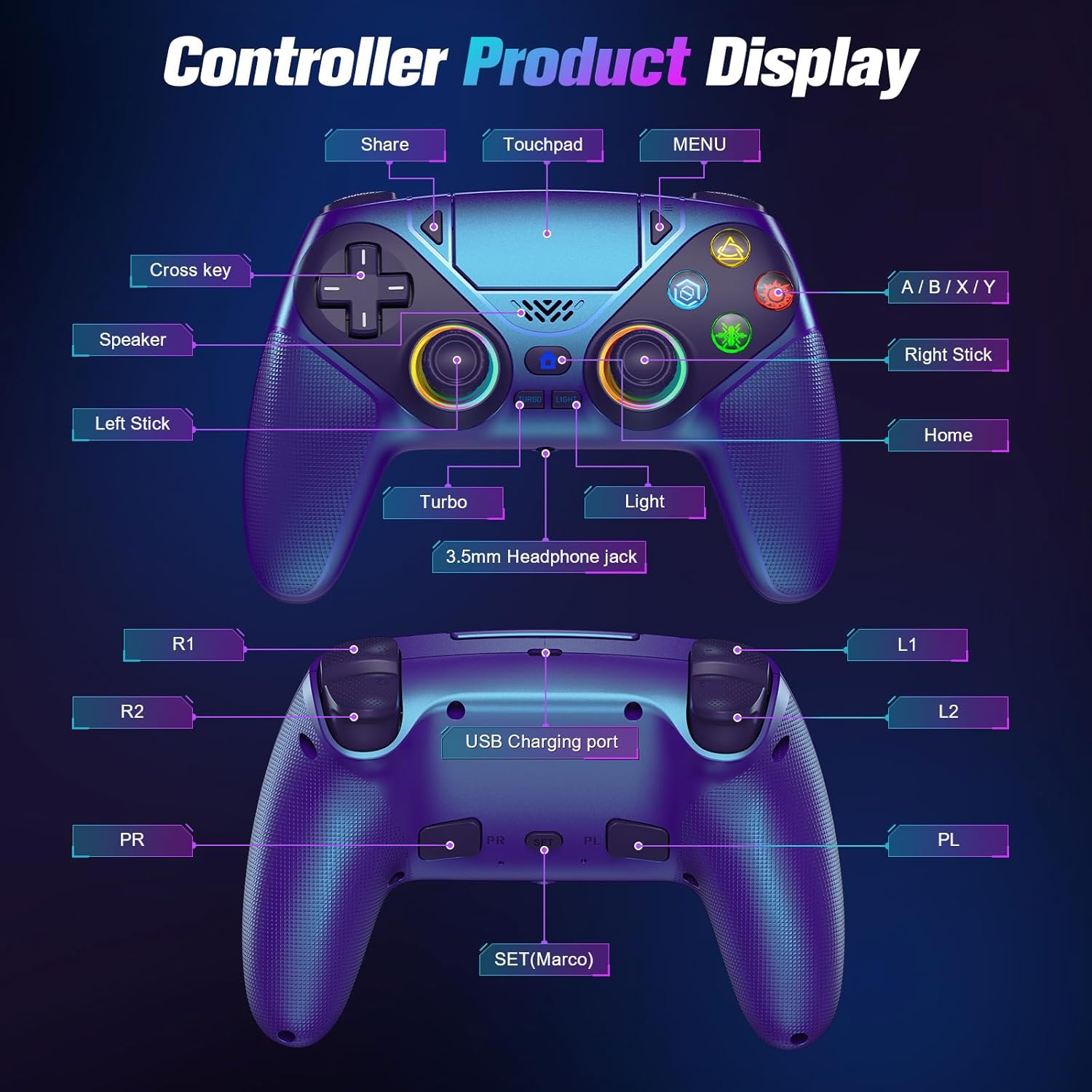 Thumbnail 6 de Dinosoo RGB Wireless Controller for PS5/PC – Turbo, Macro, Dual Vibration, 6-Axis Motion, 3.5mm Audio Jack & 1000mAh Battery