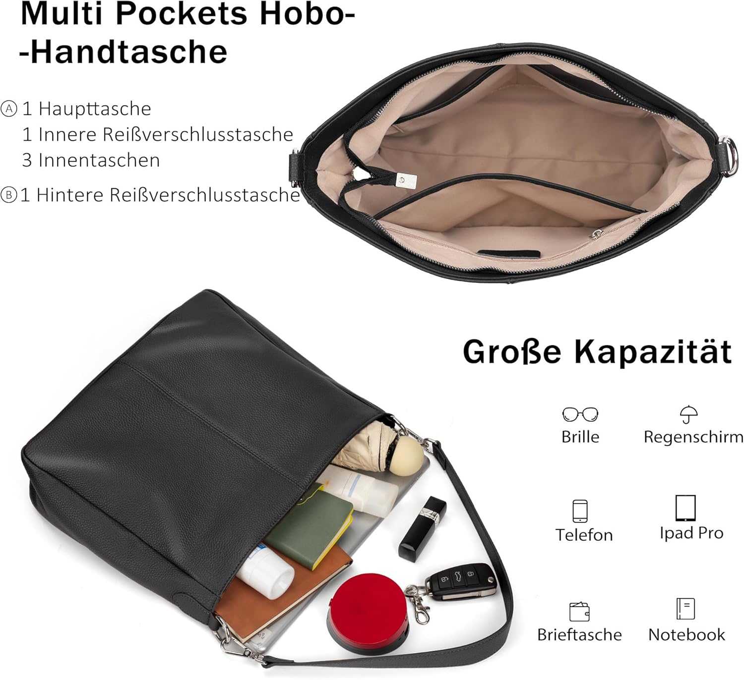 Thumbnail 3 de befen Damen Handtasche aus echtem Leder – Henkeltasche/Shopper im Hobo-Stil