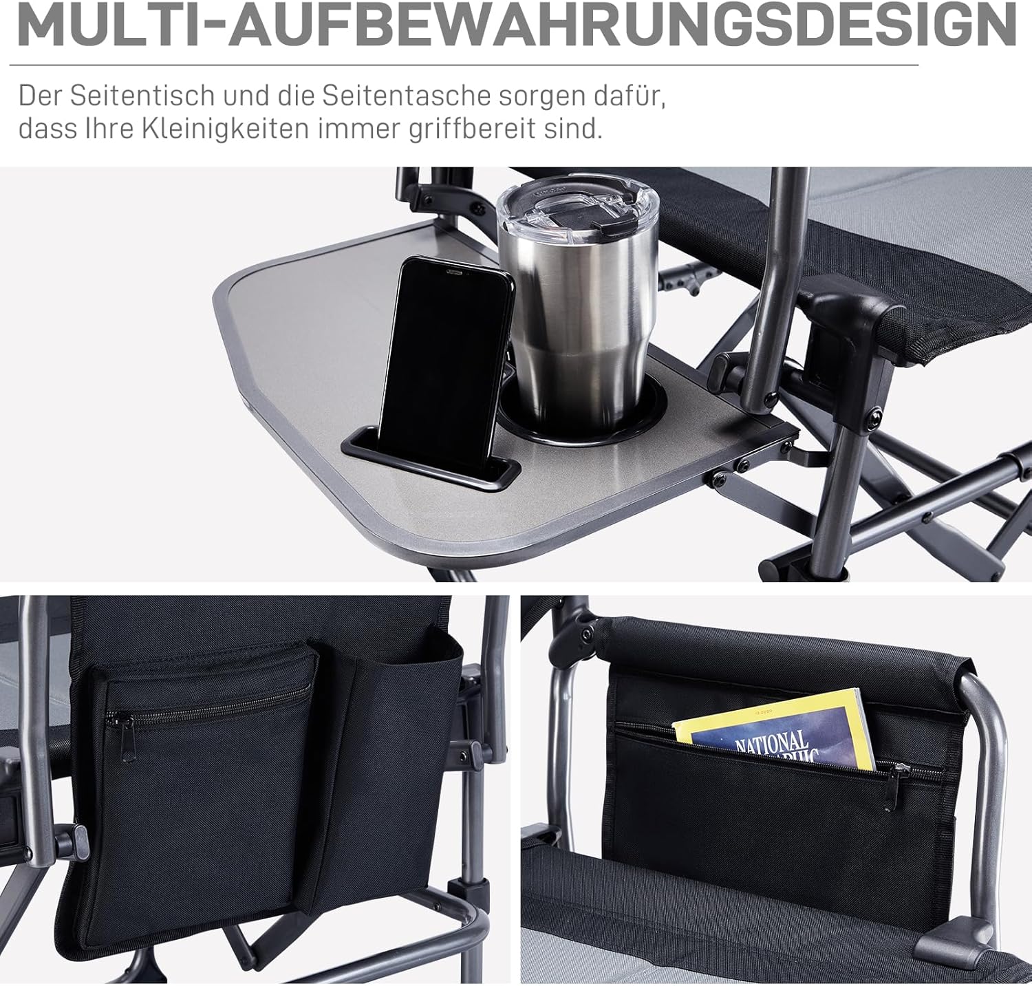 Detalle 2 de EVER ADVANCED Regiestuhl Klappbar 180KG Belastbar – kompakt, mit Seitentisch und Seitentasche