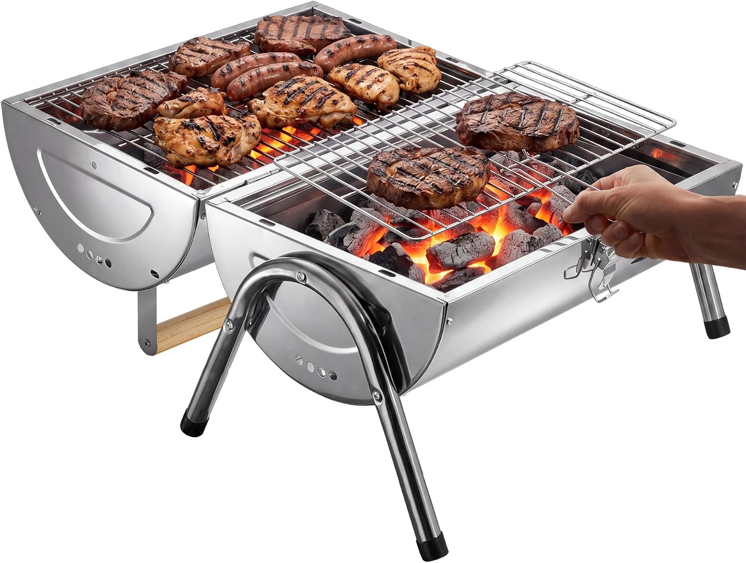 Detalle 1 de tectake 406669 portabel kolgrill med dubbel grillyta och hopfällbar design